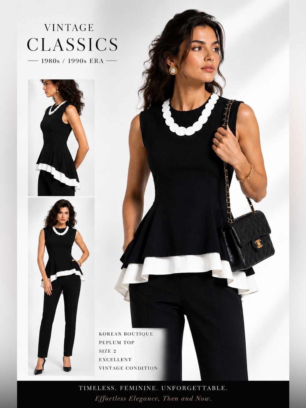 Vintage Korean Boutique Black White Peplum Asymmetrical Top Size 2 - Picture 6 of 6
